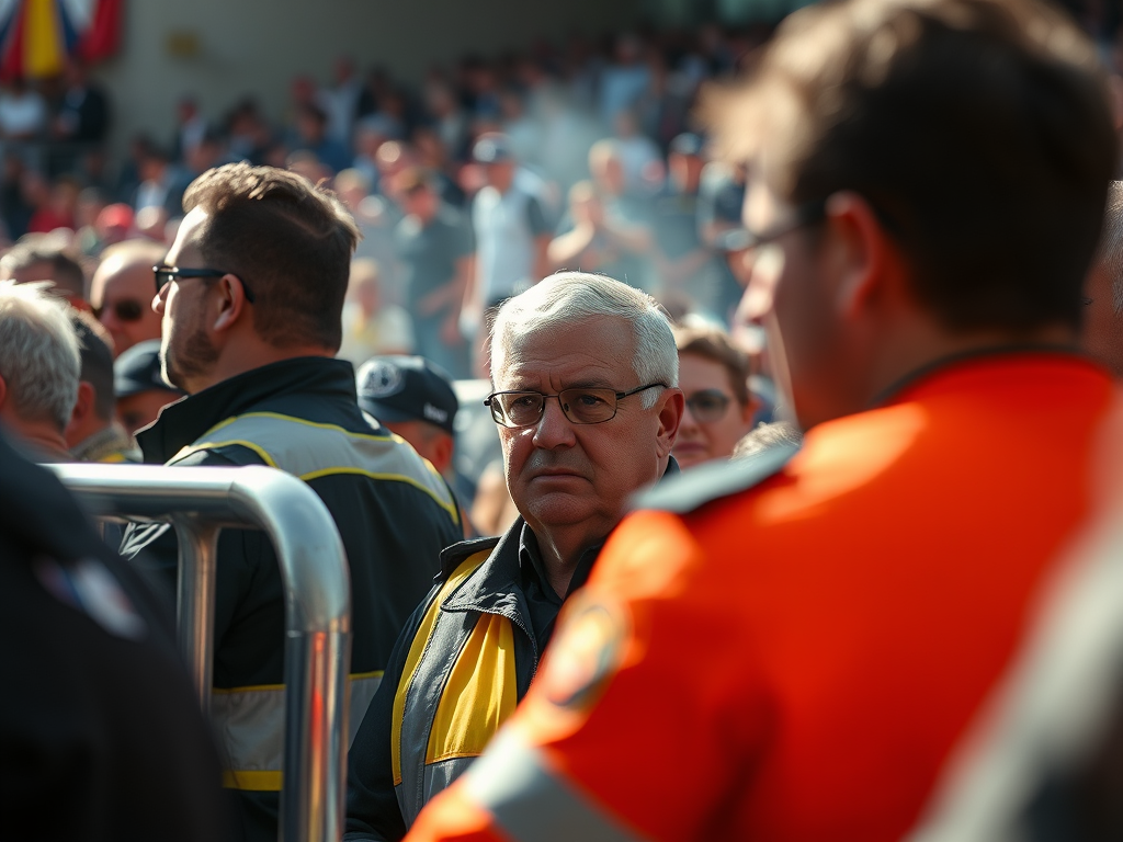 Un asistente de prevención con chaleco observando una multitud