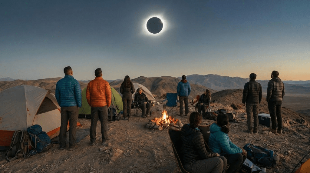 Group of people wearing protective glasses observing a total solar eclipse at a mountain campsite.
